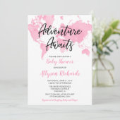 Invitation World map aventure attend fille baby shower rose (Debout devant)