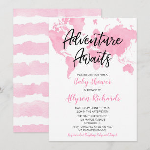 Invitation World map aventure attend fille baby shower rose
