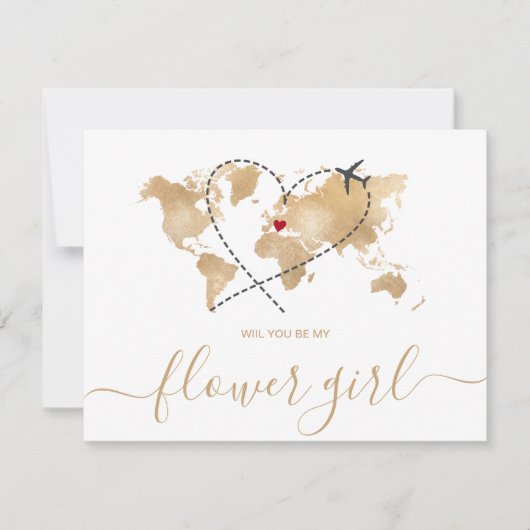 Invitation World Map Gold Serez-Vous Ma FLOWER GIRL Invitati (Devant)