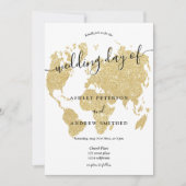 Invitation World map parties scintillant or chic script maria (Devant)