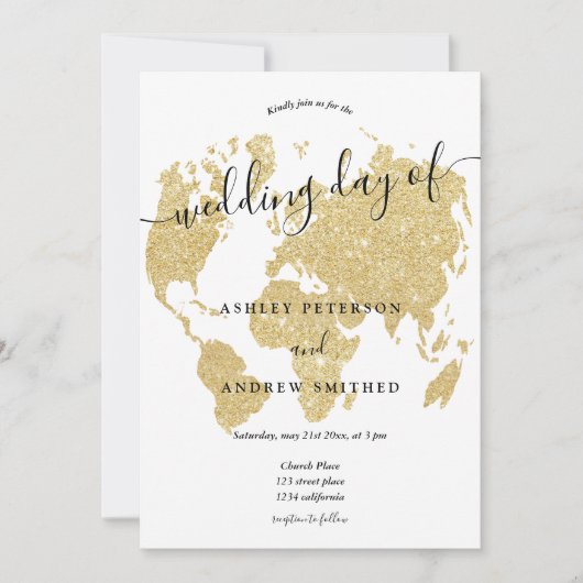 Invitation World map parties scintillant or chic script maria (Devant)