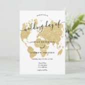Invitation World map parties scintillant or chic script maria (Debout devant)