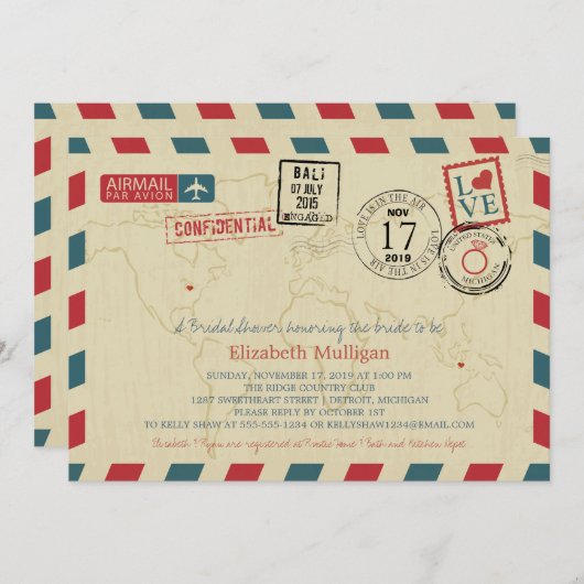 Invitation World Traveller Airmail | Fête des mariées (Devant / Derrière)