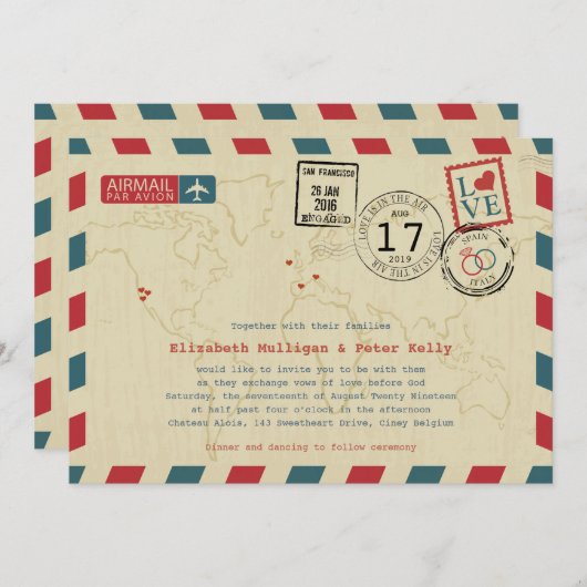 Invitation World Traveller Airmail | Mariage (Devant / Derrière)
