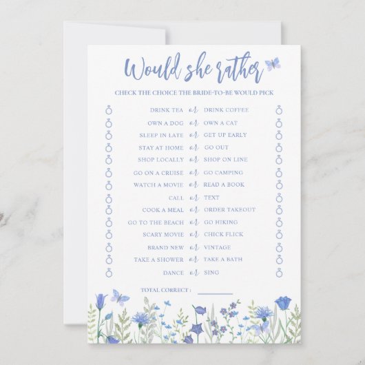 Invitation Would She Rather Bridal Shower Game Card (Devant)