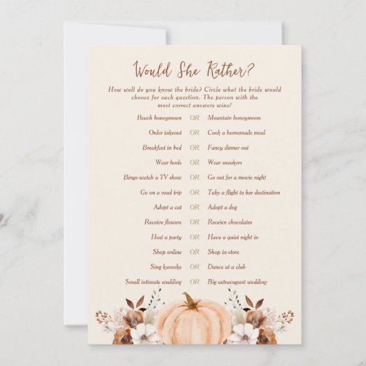 Invitation Would She Rather Fall Bridal Shower Game Card (Devant)