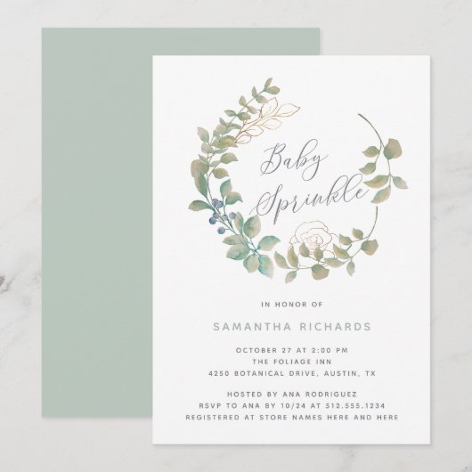 Invitation Wreath à feuilles| Bébé botanique saupoudré d'or (Devant / Derrière)
