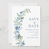 Invitation Wreath Floral Bleu Whimsical Enregistrer La Date (Devant)
