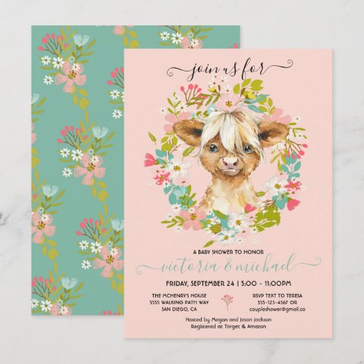 Invitation Wreath Highland Cow Baby shower (Devant / Derrière)