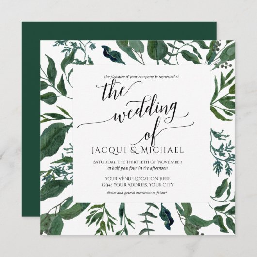 Invitation Wreath Mariage d'aquarelle BOHO Foliing | Carré (Devant / Derrière)