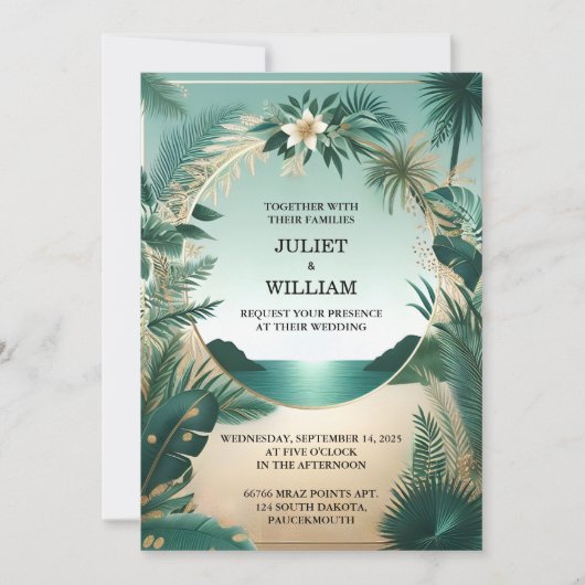 Invitation Wreath Palm Tree Beach Mariage Vert Et Or (Devant)