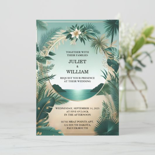 Invitation Wreath Palm Tree Beach Mariage Vert Et Or (Debout devant)