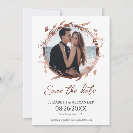 Invitation Wreath Rose Gold Foil Photo Enregistrer la date (Devant)