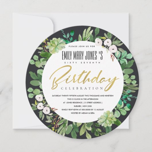 INVITATION WREATH WATERCOLOR NOIR FOLIAGE TOUT ÂGE ANNIVERSAI (Devant)