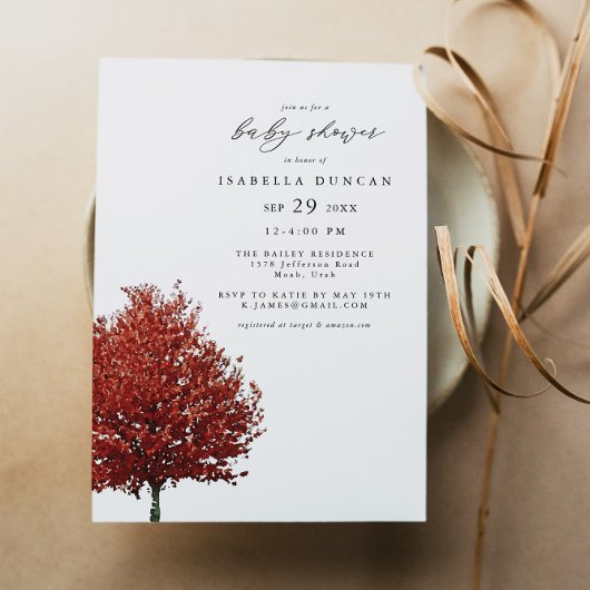 Invitation WREN Red Autumn Fall Aquarelle Maple Tree Baby