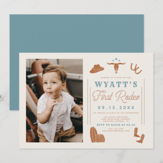 Invitation WYNONA Brûlé Orange Bleu Cowboy 1er Rodéo Annivers (Devant / Derrière)