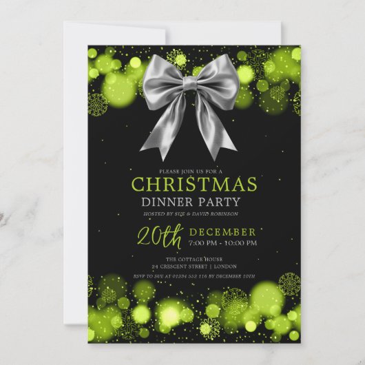 Invitation Xmas Holiday Dinner Party Winter Silver Bow Green (Devant)
