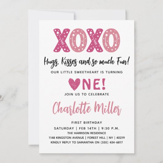 Invitation XOXO Câlins et Baisers Saint-Valentin 1er Annivers (Devant)