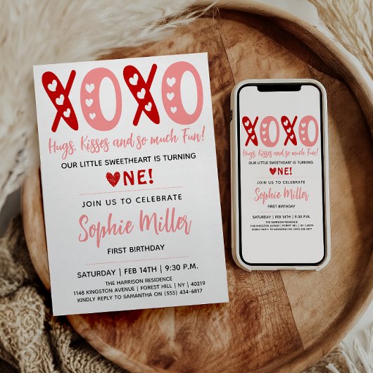 Invitation XOXO Hugs & Kisses Saint Valentin 1er anniversaire