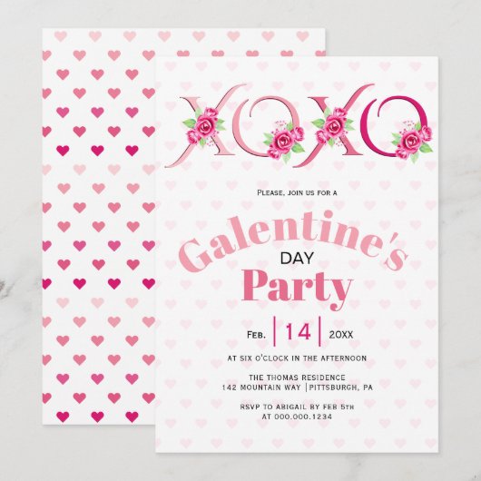 Invitation XOXO rose et fête des Galentines roses (Devant / Derrière)