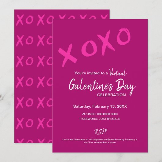 Invitation XOXO Virtual Galentine's Day Pink Valentines Party (Devant / Derrière)