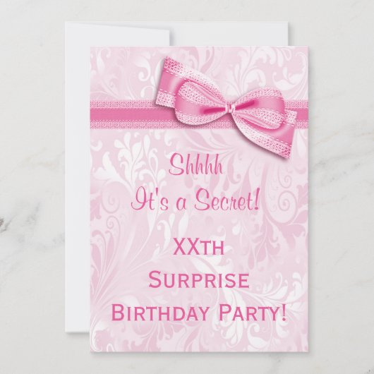 Invitation XXe SURPRISE Anniversaire fête Pink Damask et Bow (Devant)