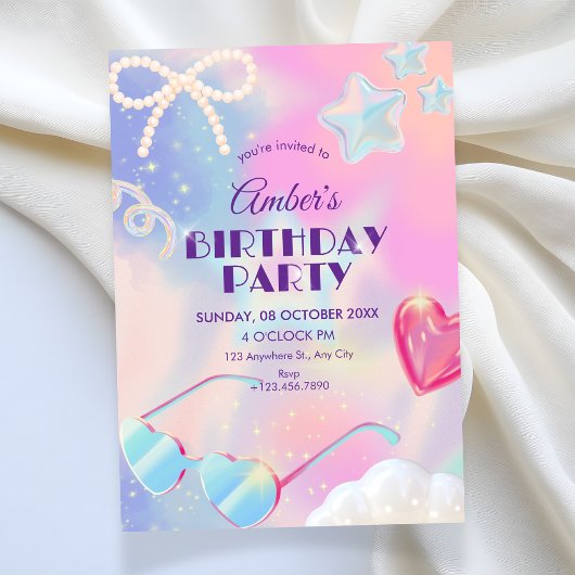 Invitation Y2k hologram cute birthday 