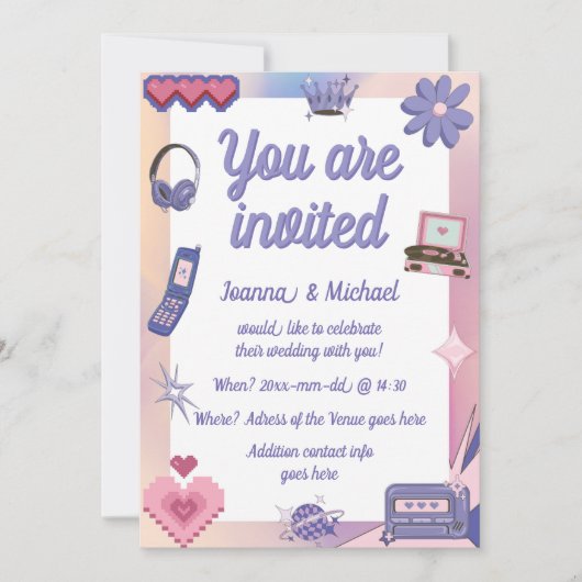 Invitation Y2K Pink Purple 2000s Retro Tech Geek Love Mariage (Devant)