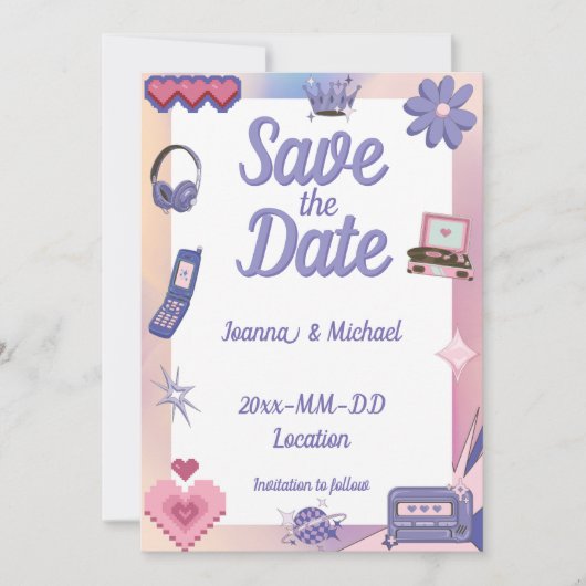 Invitation Y2K Pink Purple 2000s Retro Tech Geek Love Mariage (Devant)