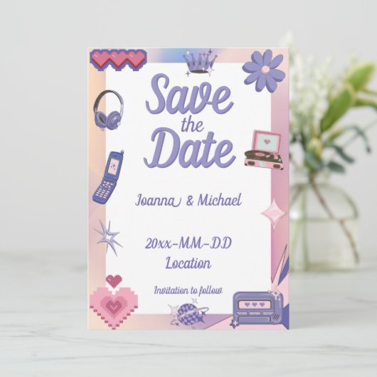 Invitation Y2K Pink Purple 2000s Retro Tech Geek Love Mariage (Debout devant)