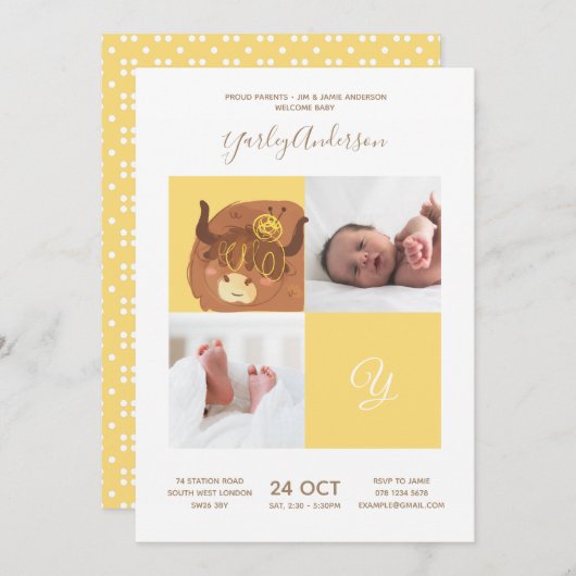 Invitation Yak Jaune ・ Alphabet Monogramme Baby shower mignon (Devant / Derrière)