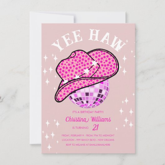 Invitation Yee Haw Blush Pink Disco Cowgirl Rodeo Anniversair (Devant)