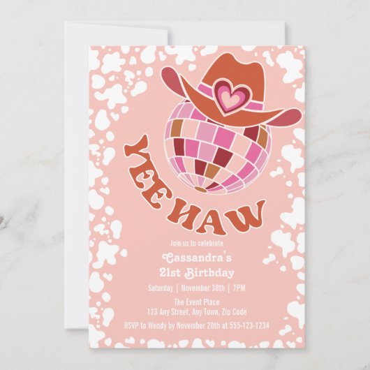 Invitation Yee Haw Peach Disco Cowgirl Rodeo Anniversaire (Devant)