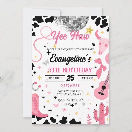 Invitation Yee Haw Pink Space Cowgirl Disco Rodéo Anniversair (Devant)