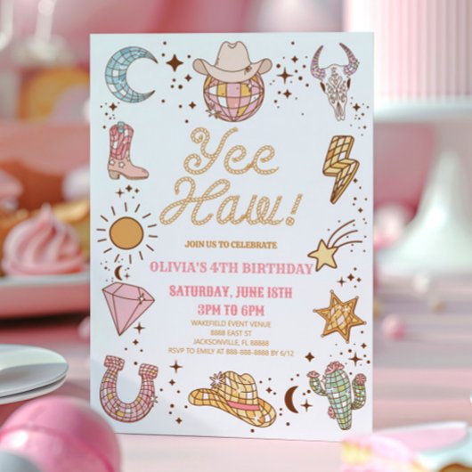 Invitation Yee Haw ! Retro Disco Cowgirl Rodeo fête d'anniver