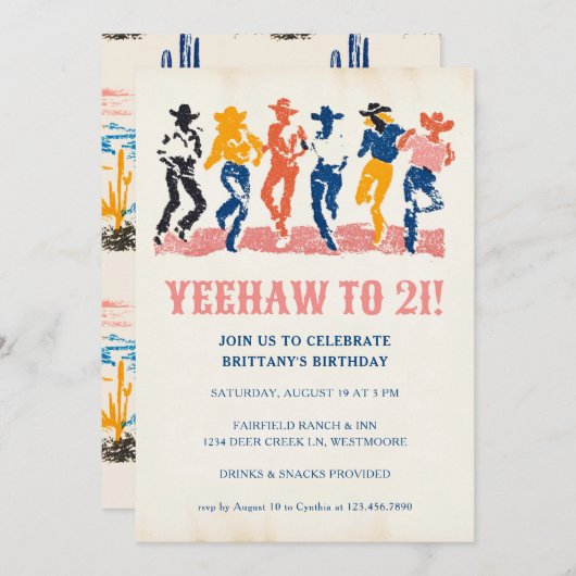 Invitation Yeehaw Cowgirl moderne 21e fête d'anniversaire (Devant / Derrière)