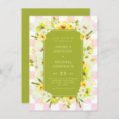 Invitation Yellow and Green Floral Checkered Wedding Invite (Devant / Derrière)
