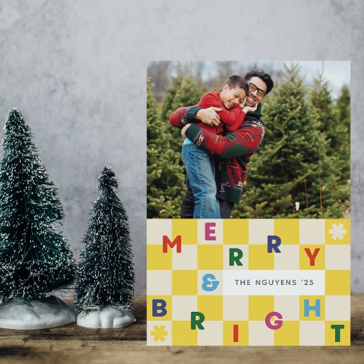 Invitation Yellow Checkerboard Merry & Bright Christmas Card