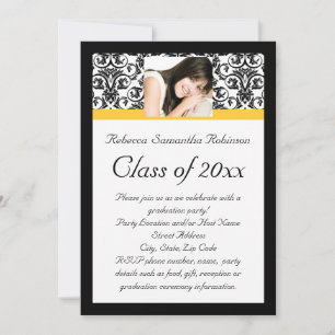 Invitation Yellow Damask Photo Girl's Graduation