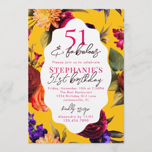 Invitation Yellow Floral 51 & Fabulous 51st Birthday Party (Devant)