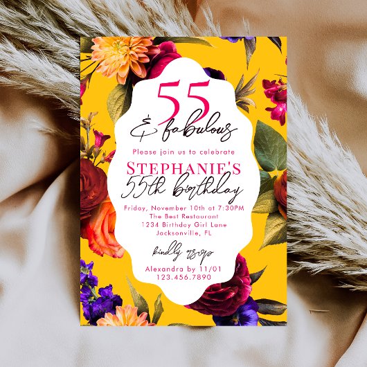Invitation Yellow Floral 55 & Fabulous 55th Birthday Party