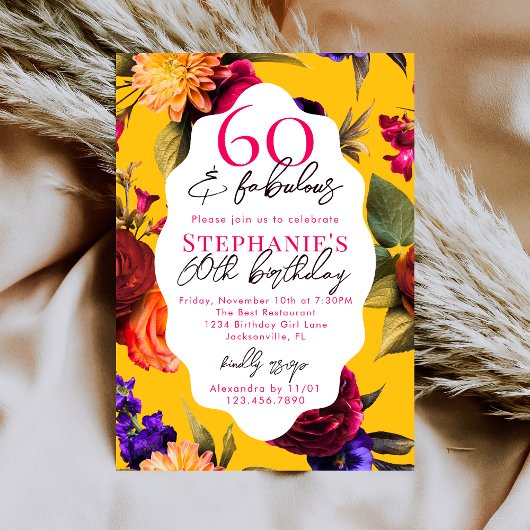 Invitation Yellow Floral 60 & Fabulous 60th Birthday Party