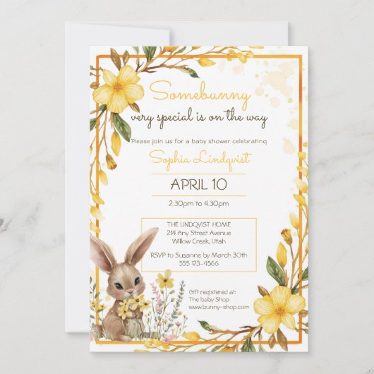 Invitation Yellow Flowers Somebunny On The Way Baby Shower (Devant)