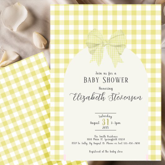 Invitation Yellow Gingham Bow Gender Neutral Baby Shower