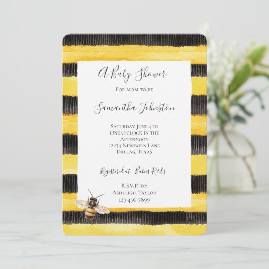 Invitation Yellow Gold Black Stripes Honey Bee Baby Shower (Debout devant)