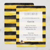 Invitation Yellow Gold Black Stripes Honey Bee Birthday (Devant / Derrière)