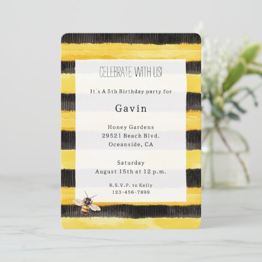 Invitation Yellow Gold Black Stripes Honey Bee Birthday (Debout devant)