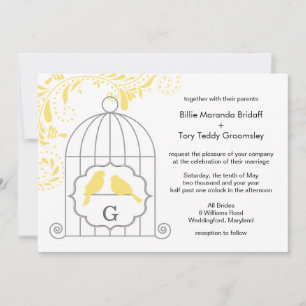 Invitation Yellow Grey Love Birdcage Mariage Monogramme