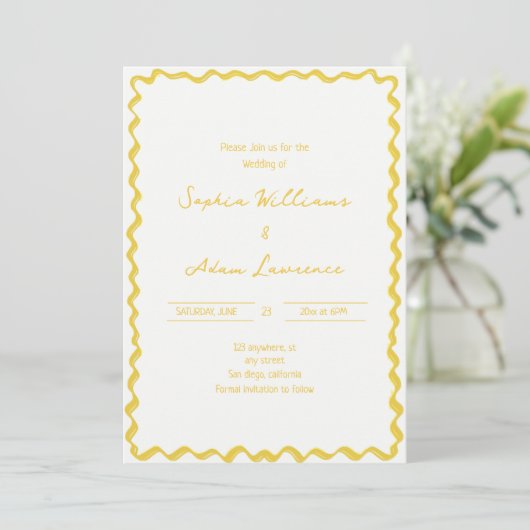 Invitation Yellow Hand Written Pinstripes Whimsical Wedding (Debout devant)