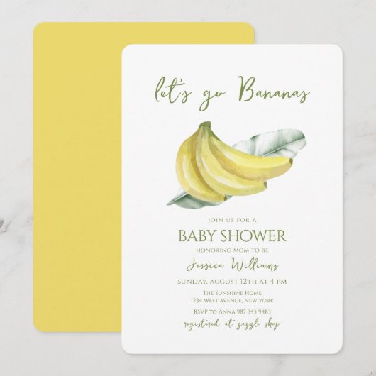 Invitation Yellow Let's Go Bananas Leaves Baby Shower (Devant / Derrière)